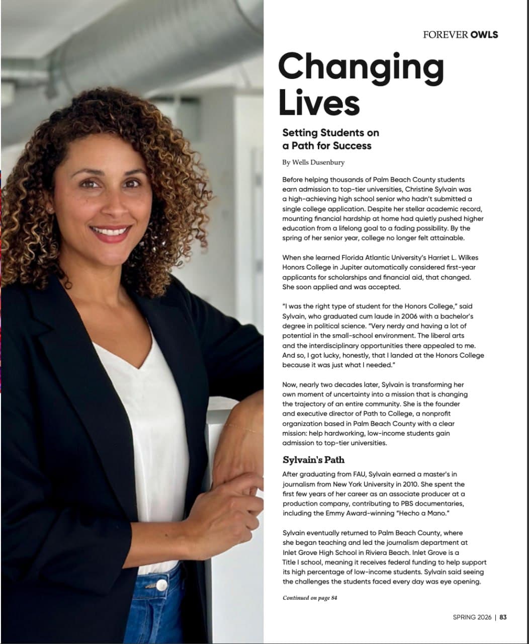 FAU Magazine Spring 2026: Forever Owls profile of Christine Sylvain